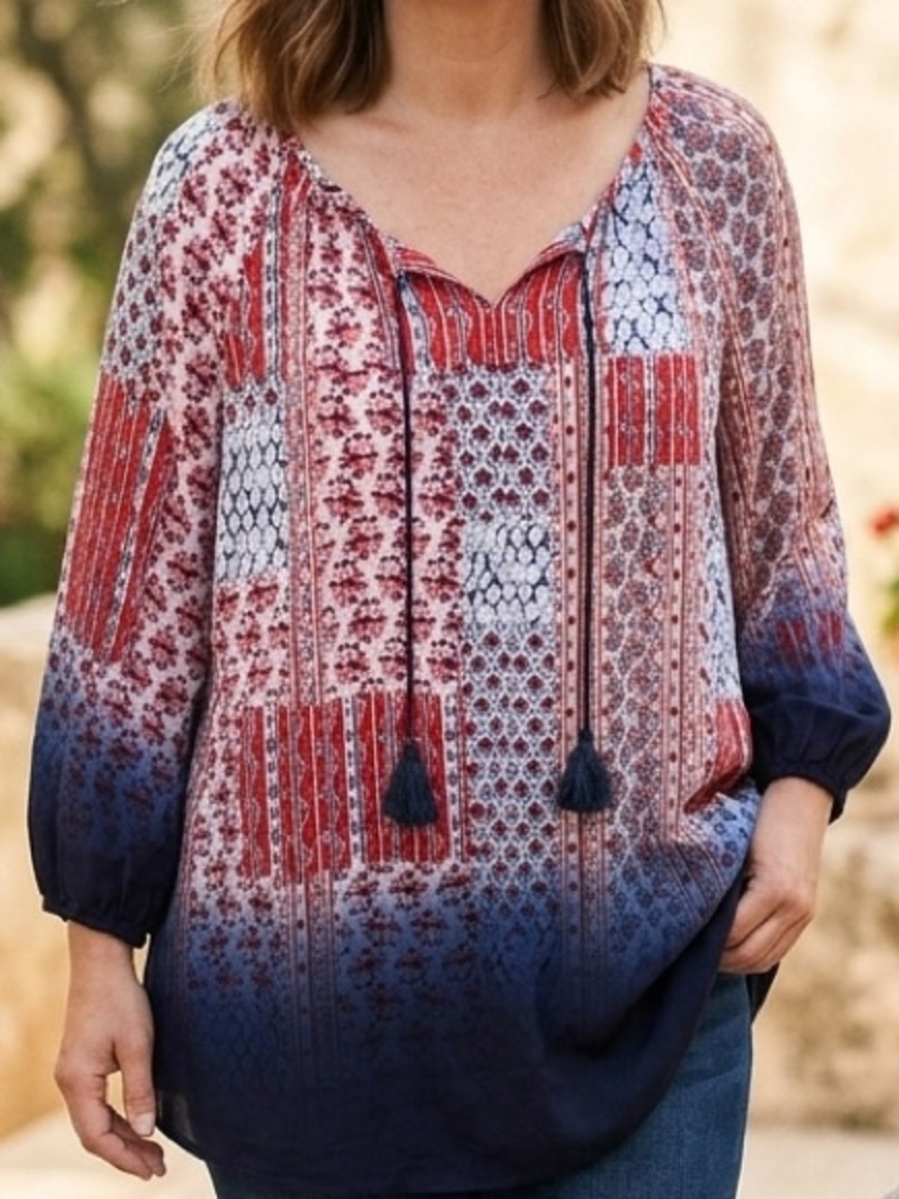 Avenue Boho Peasant Blouse 26/28 Red Blue Patchwork Ombre Tassel Top Plus 26/28